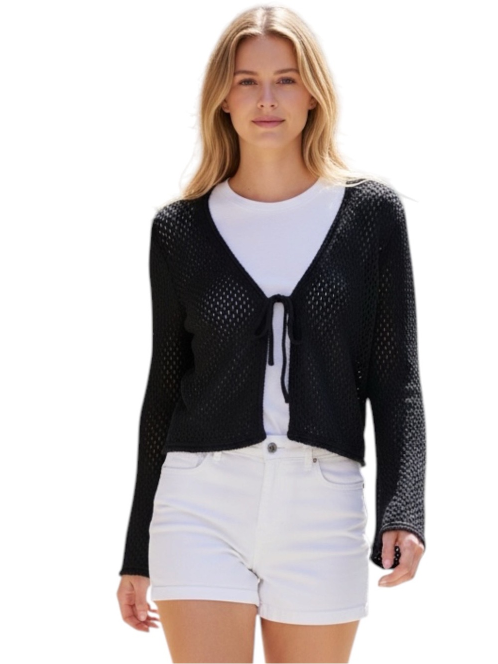 Hooked Up Black Open Knit Crochet Tie Front Cardigan Junior Medium